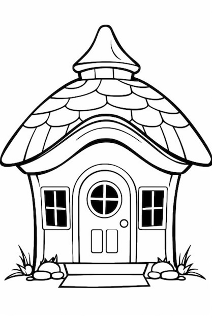 een zwart-witte tekening van een klein huis met een dak generatieve ai