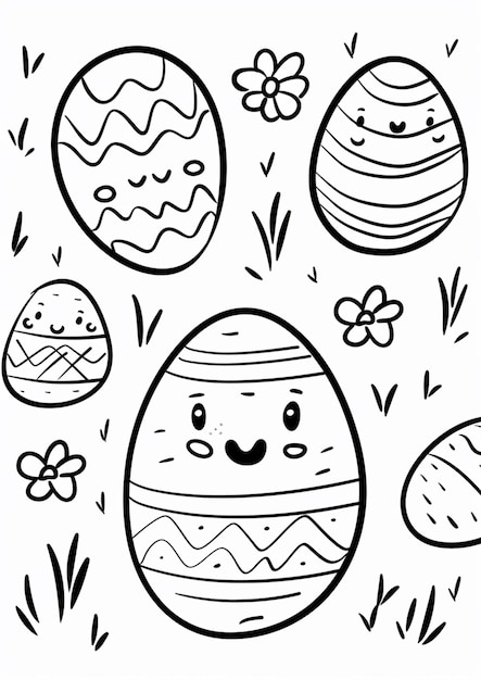een zwart-witte tekening van een konijn eester ei met een gelukkig gezicht