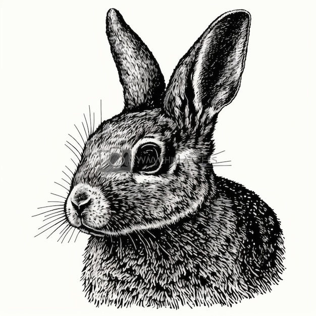 Een zwart-witte tekening van een konijn met een lang oor generatieve ai