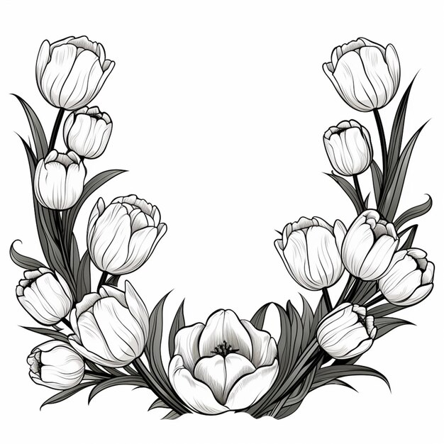 een zwart-witte tekening van een krans van bloemen generatieve ai