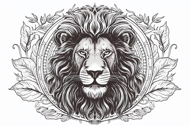 Een zwart-witte tekening van een leeuw met een krans eromheen generatieve ai