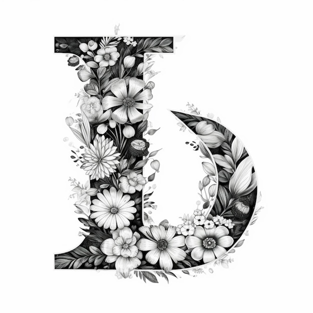 een zwart-witte tekening van een letter d met bloemen generatieve ai