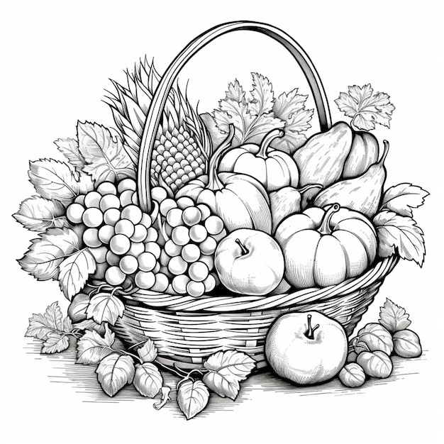 Foto een zwart-witte tekening van een mand met vruchten generatieve ai