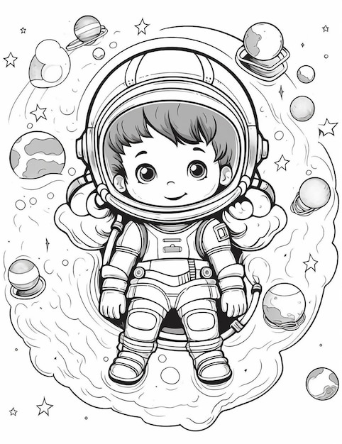 een zwart-witte tekening van een meisje in een astronautpak