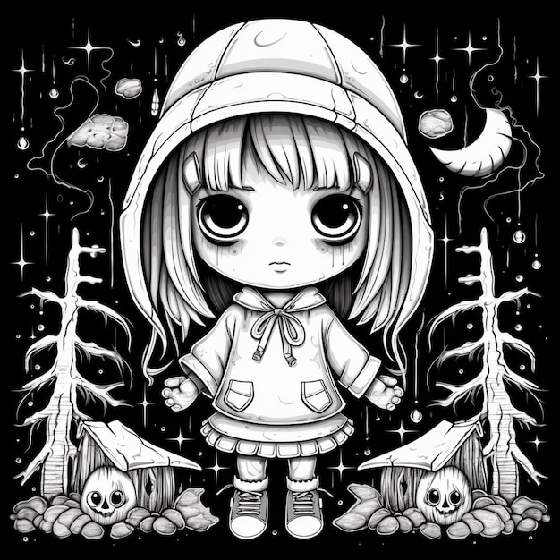 een zwart-witte tekening van een meisje in een hoodie generatieve ai