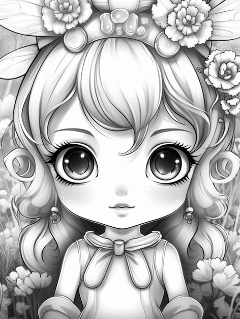een zwart-witte tekening van een meisje met bloemen in haar haar generatieve ai