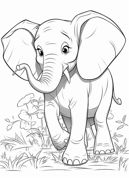 Een zwart-witte tekening van een olifant die zich in het gras generatieve ai bevindt