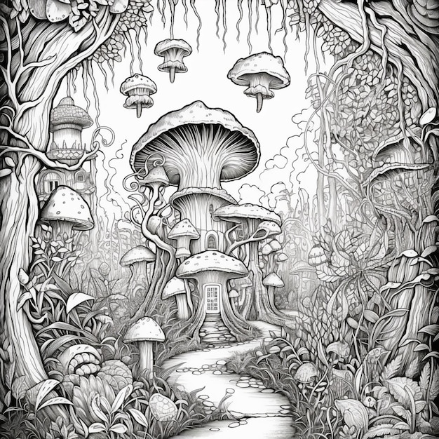 Een zwart-witte tekening van een paddenstoelhuis in het bos generatieve ai