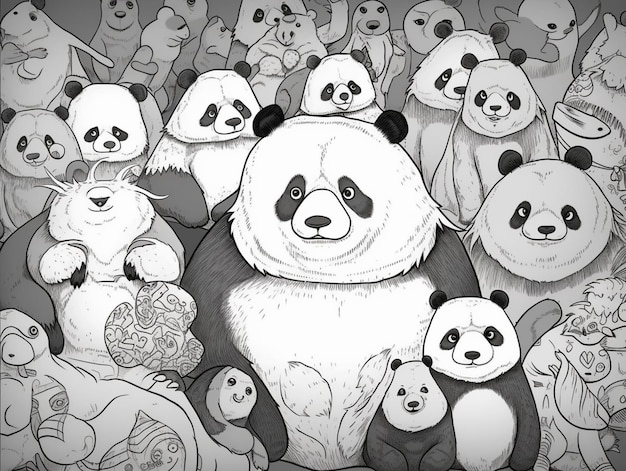 Een zwart-witte tekening van een panda omringd door andere panda's.