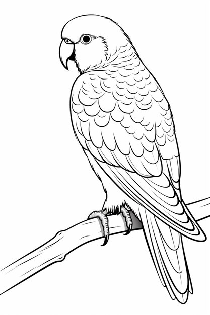 een zwart-witte tekening van een papegaai die op een tak zit