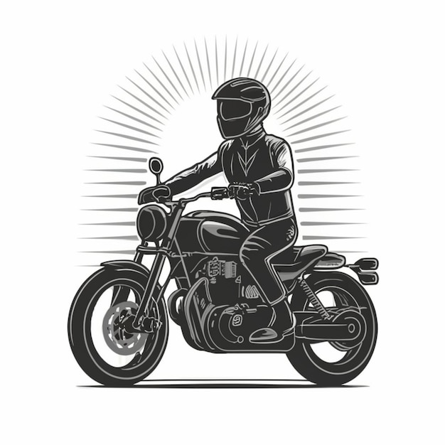 Een zwart-witte tekening van een persoon op een motorfiets