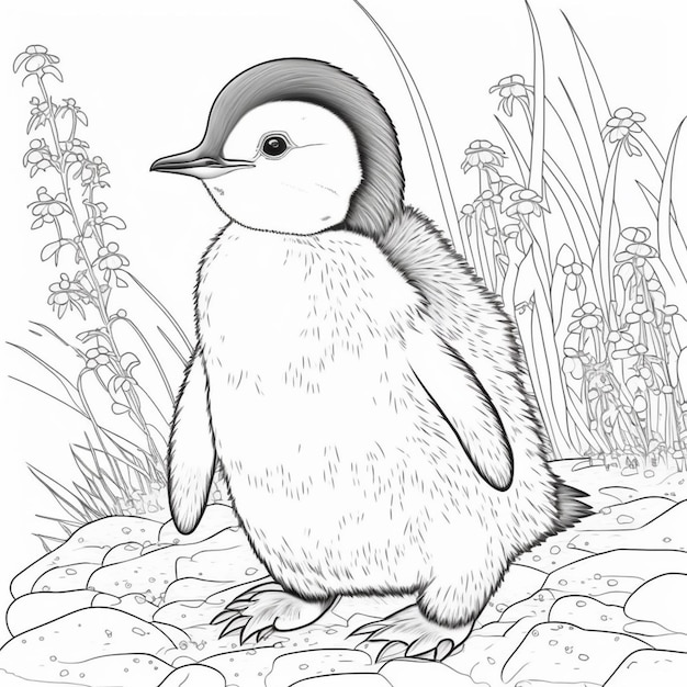 Een zwart-witte tekening van een pinguïn die zich op rotsen generatieve ai bevindt