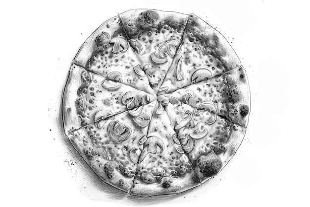 Foto een zwart-witte tekening van een pizza met de woorden calorieën erop