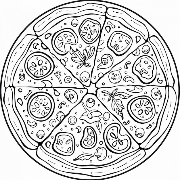 een zwart-witte tekening van een pizza met een patroon van een cirkel met een vogel erop