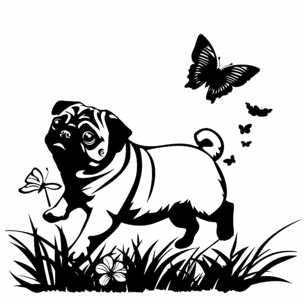 een zwart-witte tekening van een pug hond die in het gras loopt generatieve ai