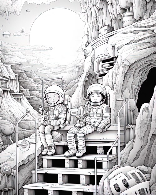 een zwart-witte tekening van een ruimteschip met een astronaut erop