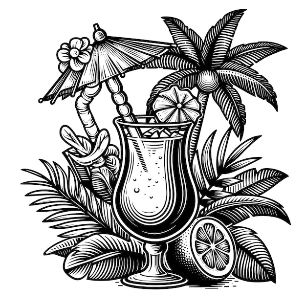 een zwart-witte tekening van een schild met een palmboom en een foto van een tropisch eiland