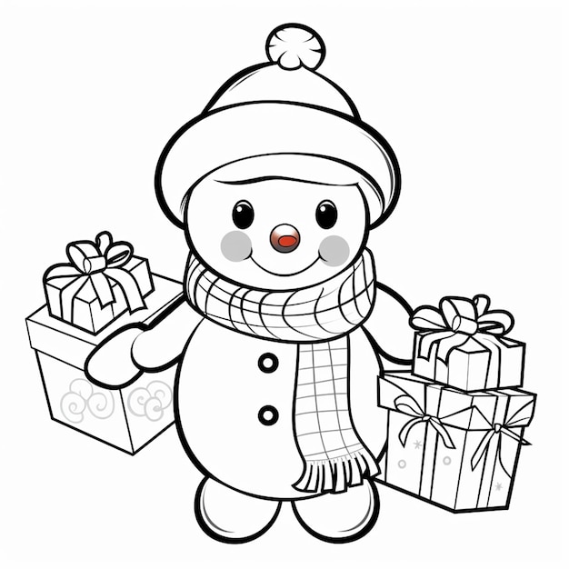 Foto een zwart-witte tekening van een sneeuwman met geschenken generatieve ai