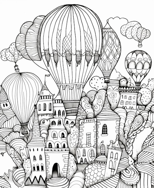 een zwart-witte tekening van een stad met hete luchtballonnen generatieve ai
