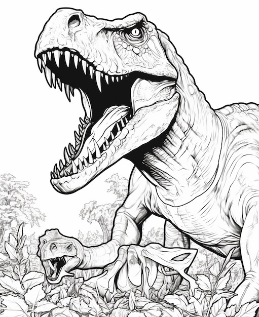 Een zwart-witte tekening van een T-Rex met zijn mond open generatieve ai