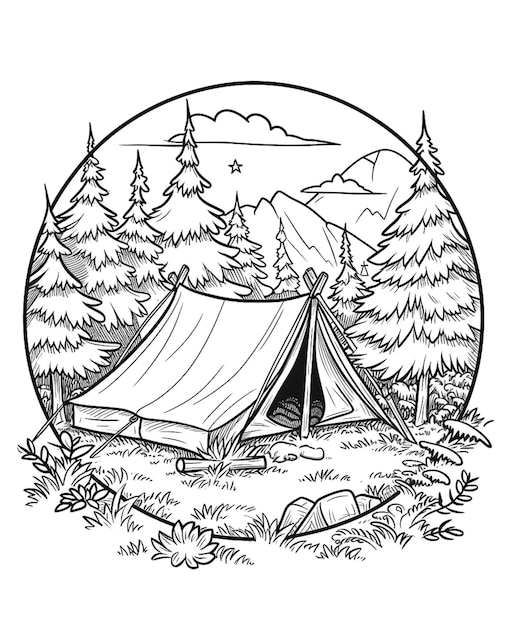 Foto een zwart-witte tekening van een tent in het bos outdoor recreatie kunst