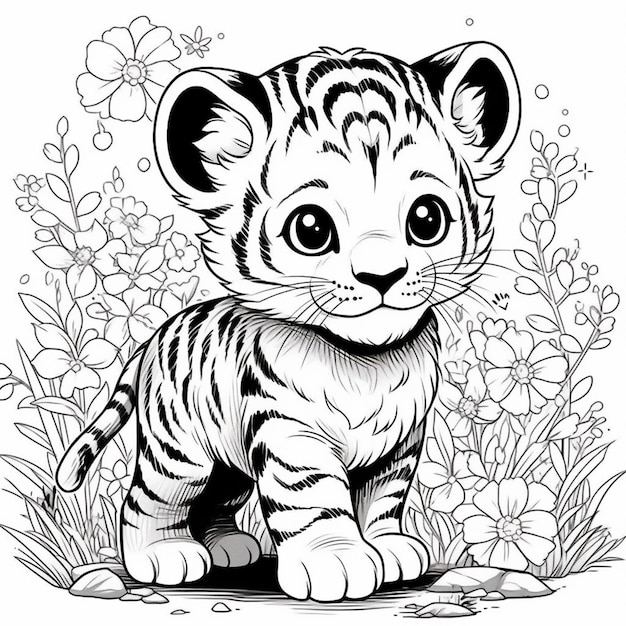 een zwart-witte tekening van een tijgerwelp die in het gras zit