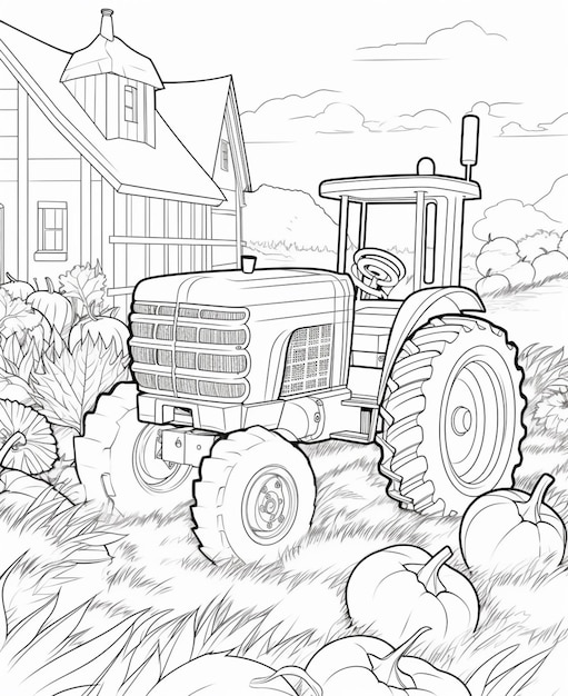 een zwart-witte tekening van een tractor in een veld met pompoenen generatieve ai