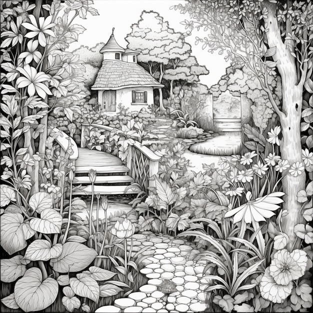 Een zwart-witte tekening van een tuin met een huis en een brug generatieve ai