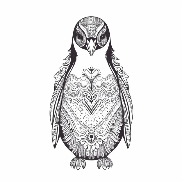 Foto een zwart-witte tekening van een uil met een hart in zijn snavel ai generative