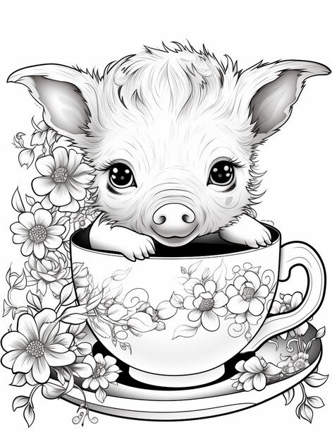 Foto een zwart-witte tekening van een varken in een theekop met bloemen generatieve ai