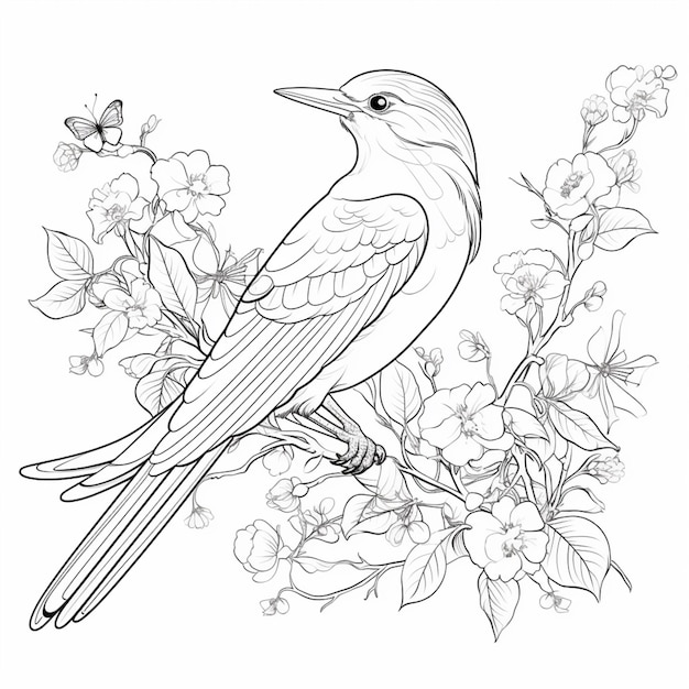 een zwart-witte tekening van een vogel die op een tak van een boom zit