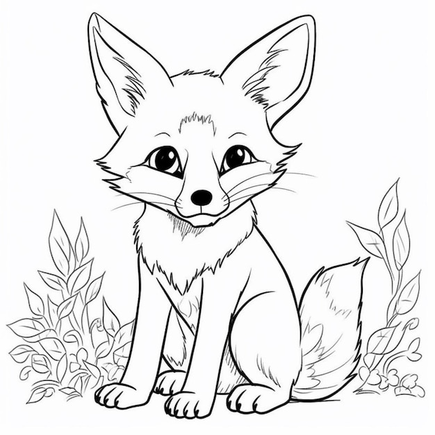 een zwart-witte tekening van een vos die in het gras zit