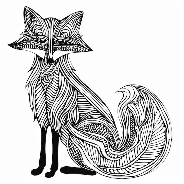 Een zwart-witte tekening van een vos.
