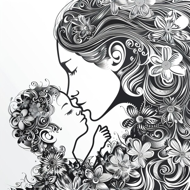 een zwart-witte tekening van een vrouw en een vrouw met bloemen op de achtergrond