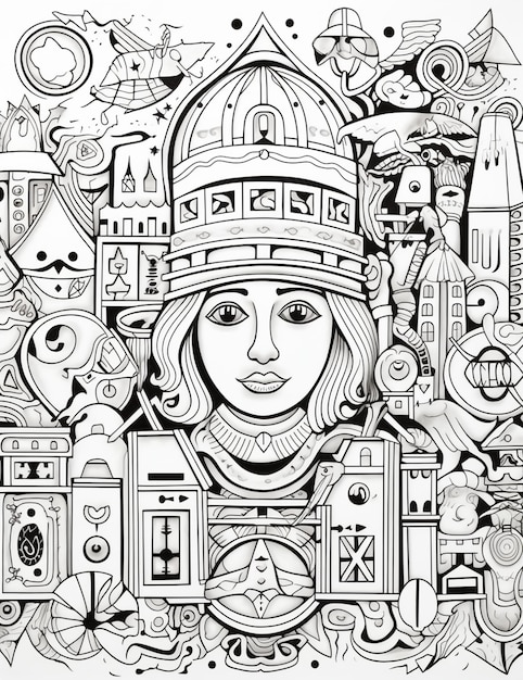 een zwart-witte tekening van een vrouw met een hoed en vele objecten generatieve ai