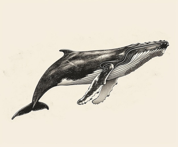 Een zwart-witte tekening van een walvis de walvis zwemt in de oceaan en hij is in beweging het beeld heeft een serene en vreedzame stemming als de walvis wordt afgebeeld als een sierlijk en majestueus wezen