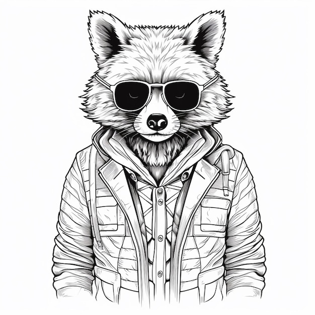 een zwart-witte tekening van een wasbeer die een zonnebril draagt