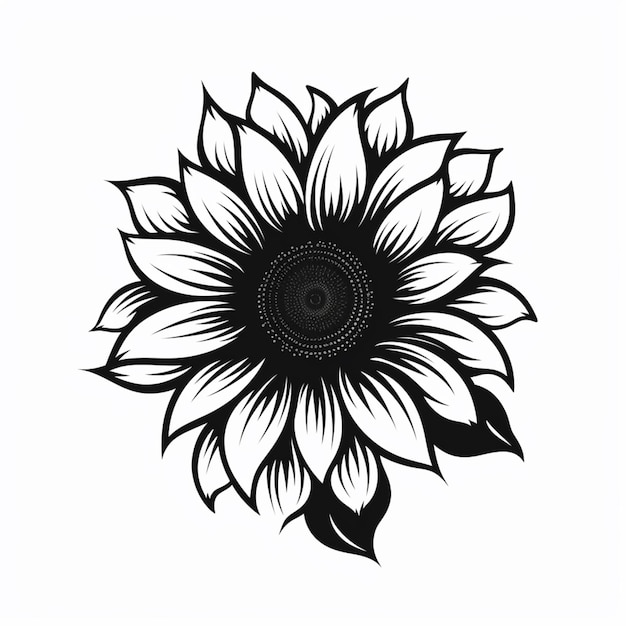 Foto een zwart-witte tekening van een zonnebloem met bladeren generatieve ai