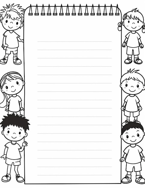 Foto een zwart-witte tekening van kinderen met een papier met een blanco vel generatieve ai