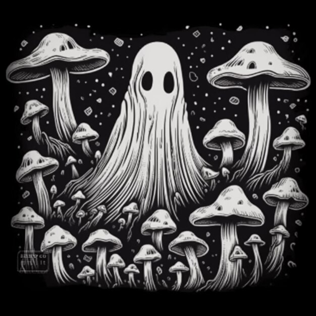 een zwart-witte tekening van paddenstoelen en een spook generatieve ai