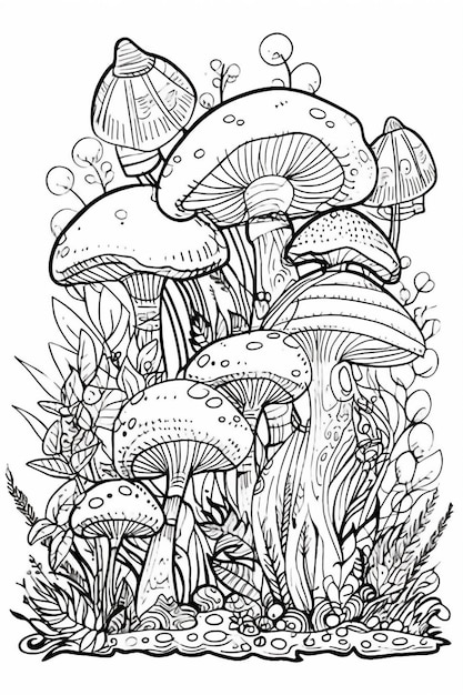 Foto een zwart-witte tekening van paddenstoelen in het gras generatieve ai