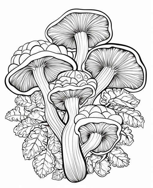 Foto een zwart-witte tekening van paddenstoelen op een witte achtergrond generatieve ai