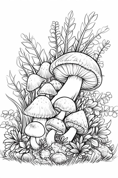 Foto een zwart-witte tekening van paddestoelen in het gras generatieve ai