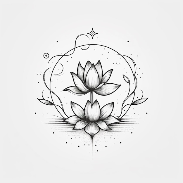 een zwart-witte tekening van twee bloemen met wervelingen generatieve ai
