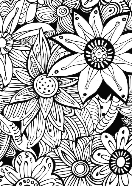 een zwart-witte tekening van vissen en bloemen