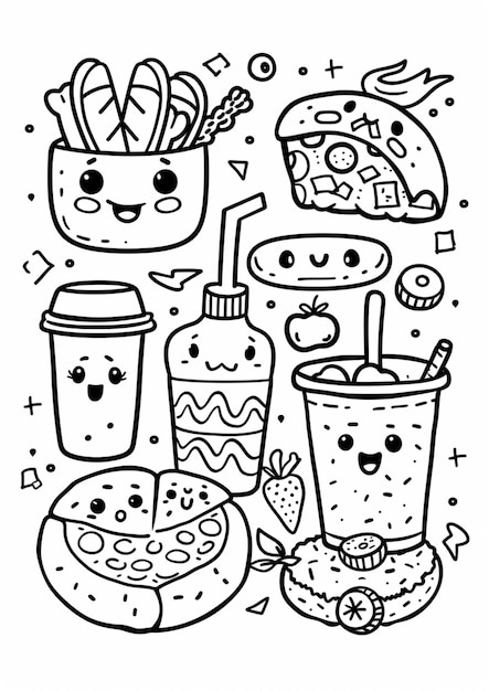 een zwart-witte tekening van voedsel met inbegrip van een pot jam yoghurt en een pot yoghurt