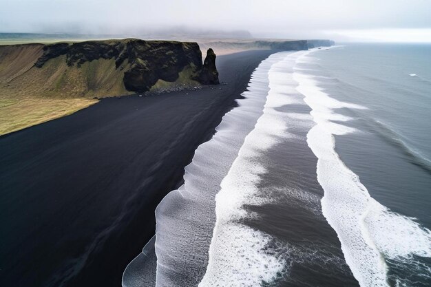 een zwart zandstrand met een zwart sandstrand en een klif op de achtergrond