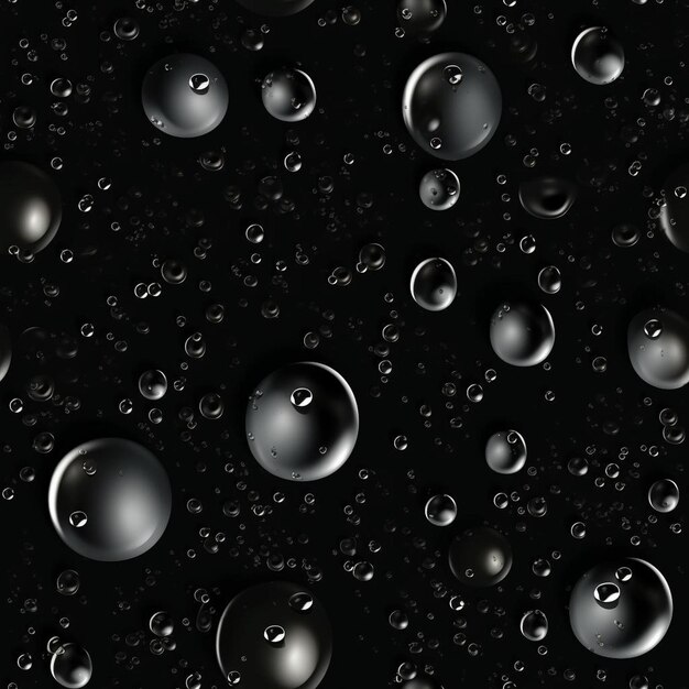 Een zwarte achtergrond met bubbels en waterdruppels.