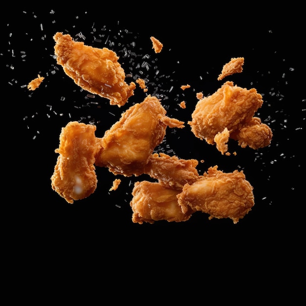 Een zwarte achtergrond met een afbeelding van kipnuggets die in de lucht vallen.