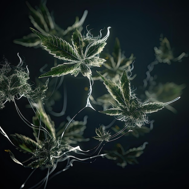 Een zwarte achtergrond met een bos planten en draden